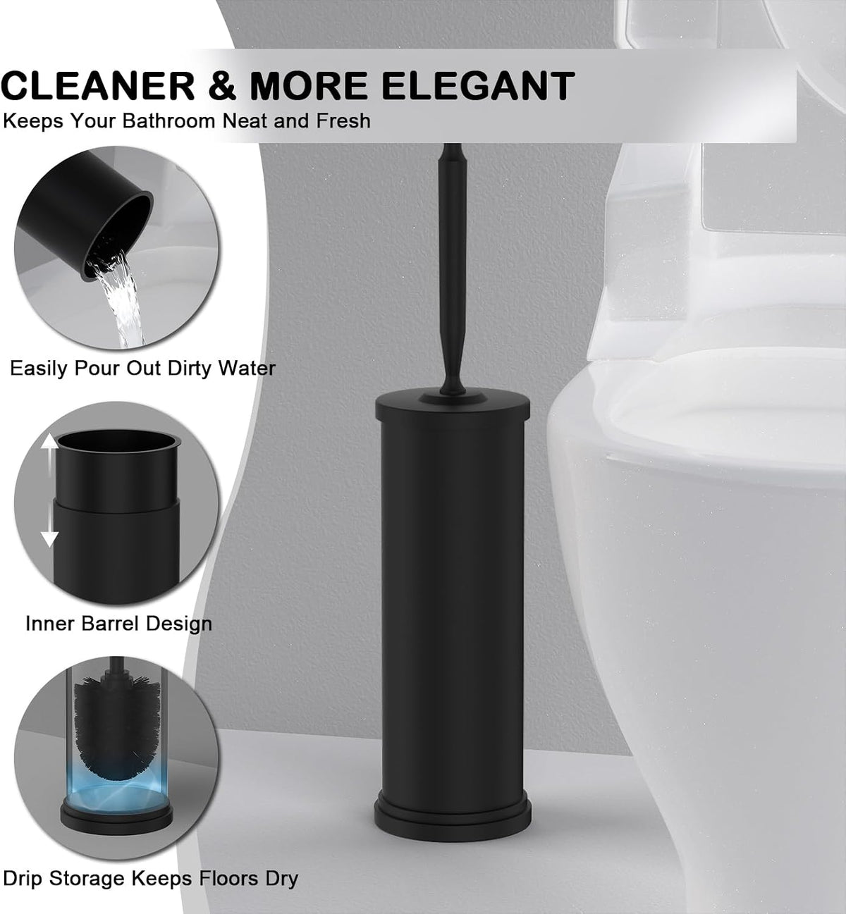 Stainless Steel Toilet Bowl Brush and Holder Set Scrubber Black