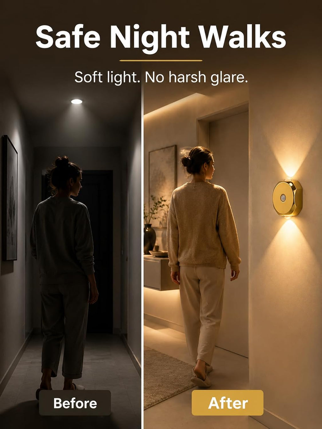 Motion Sensor Night Light for Hallway: No Tool Mount Magnetic Mount