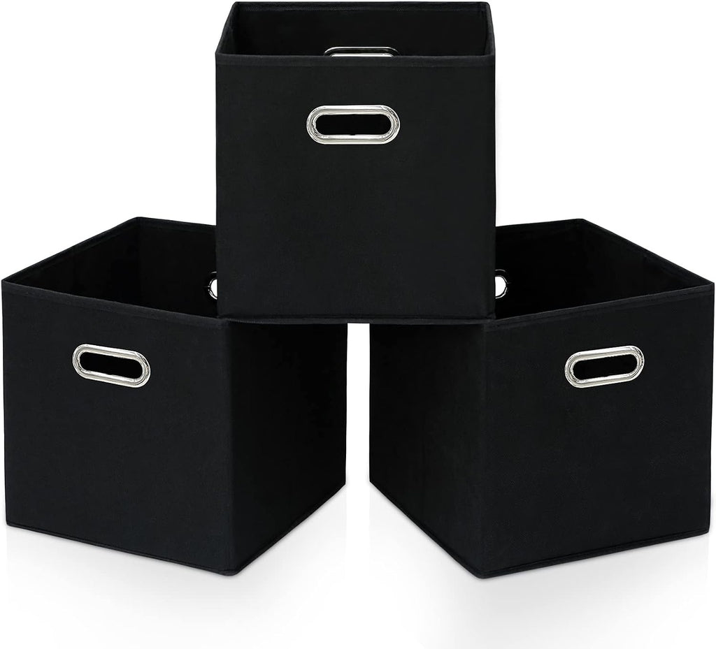 STOREONE Black Fabric Storage Bins Cubes Baskets Containers-(11X11X11) with Dual Handles Cube Storage Organizer Bins for Shelf Closet, Bedroom Organizers, Foldable Set of 3 (Black )