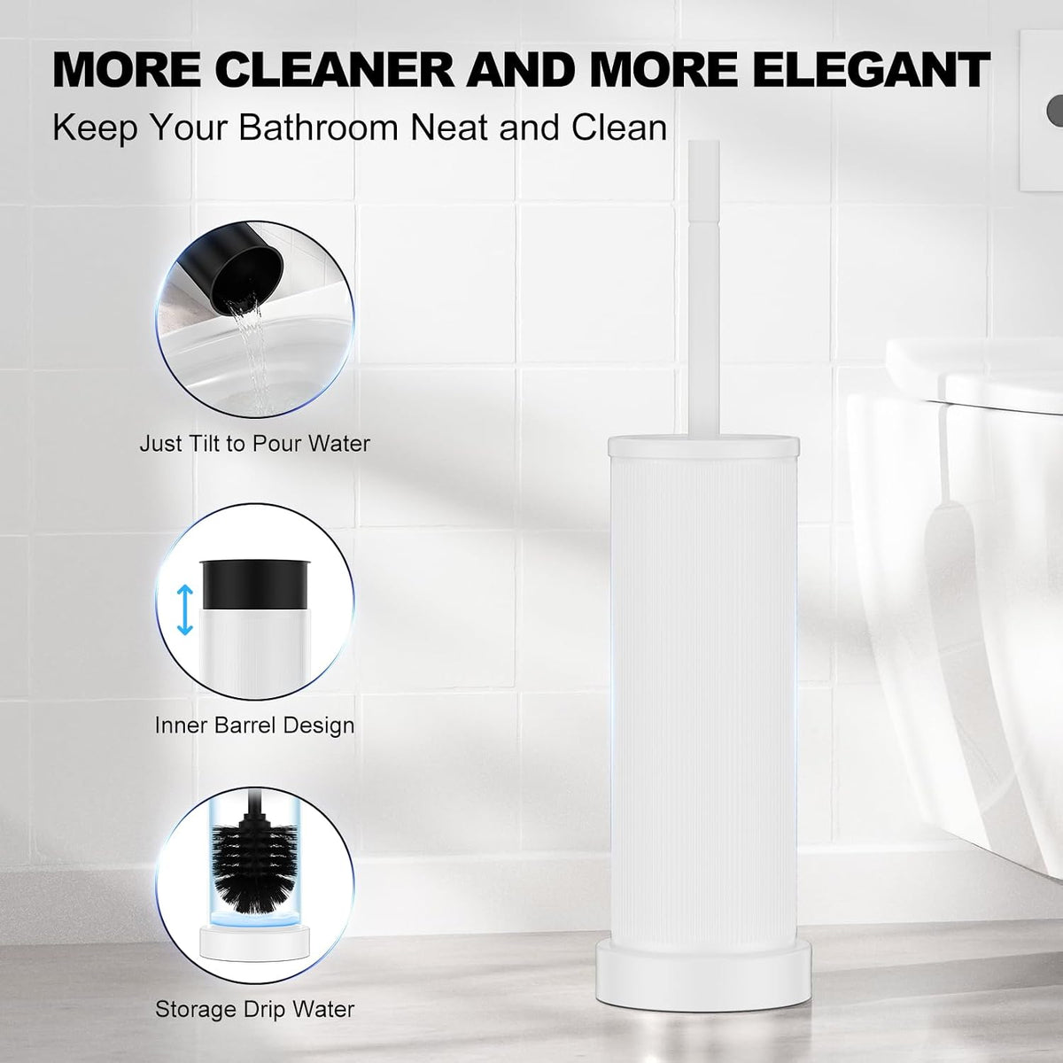 Metal Vertical Grain Toilet Bowl Brush and Holder Set Scrubber White
