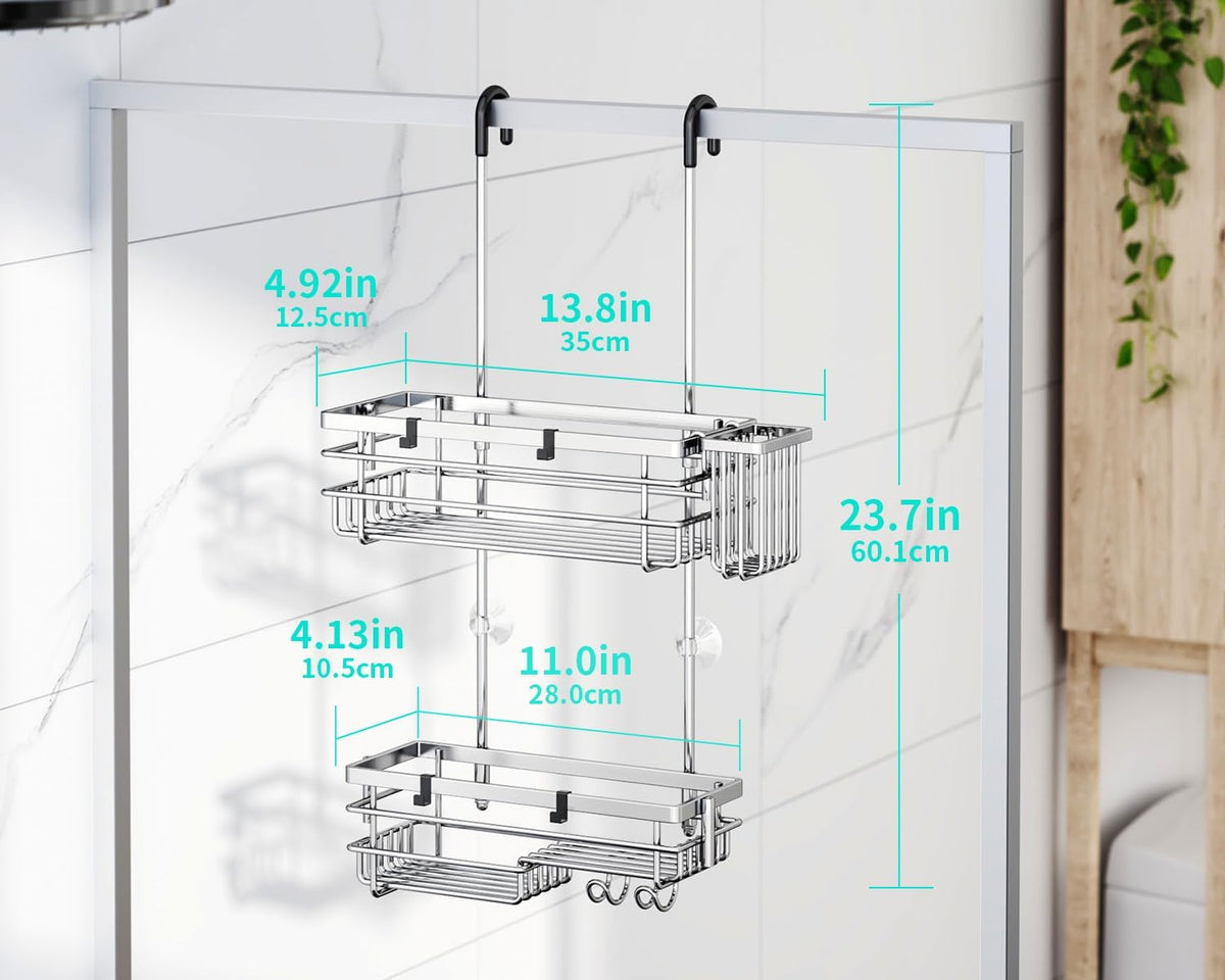 HapiRm Hanging Shower Caddy Organizer - No Drilling Shower Shelves with Hooks and Toothbrush Holder, Rustproof 304 Stainless Steel Bathroom Organizer - Silver