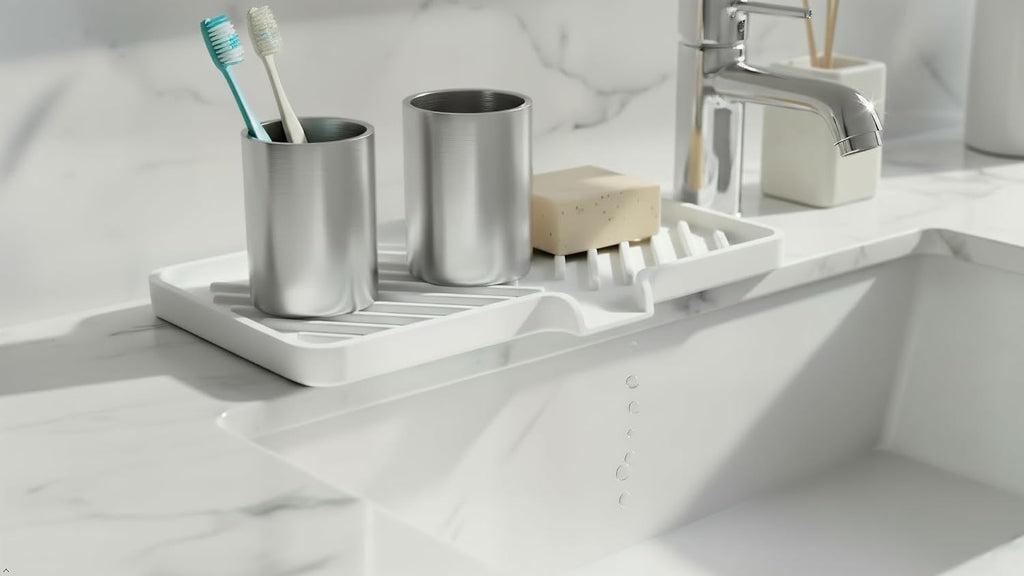 Silicone Soap Dish Tray and Sponge Holder with Drain Chute and Feet | 3-Way Sloped Design | Bathroom and Kitchen Sink Organizer Caddy (White, 10"x4", 7.8 Ounces)