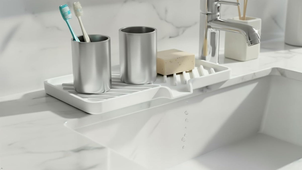 Silicone Soap Dish Tray and Sponge Holder with Drain Chute and Feet | 3-Way Sloped Design | Bathroom and Kitchen Sink Organizer Caddy (White, 10"x4", 7.8 Ounces)