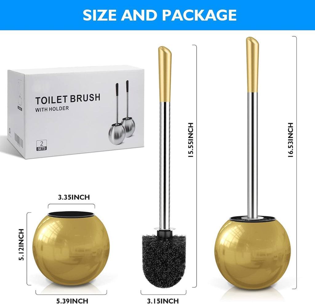 Toilet Brush and Holder 2 Pack, 304 Stainless Steel Toilet Brush with Extended and Durable Comfortable Brush Handle, Toilet Bowl Brush for Bathroom Toilet - Ergonomic, Pratical Durable (Gold)