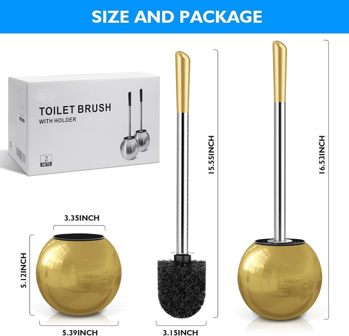 Toilet Brush and Holder 2 Pack, 304 Stainless Steel Toilet Brush with Extended and Durable Comfortable Brush Handle, Toilet Bowl Brush for Bathroom Toilet - Ergonomic, Pratical Durable (Gold)
