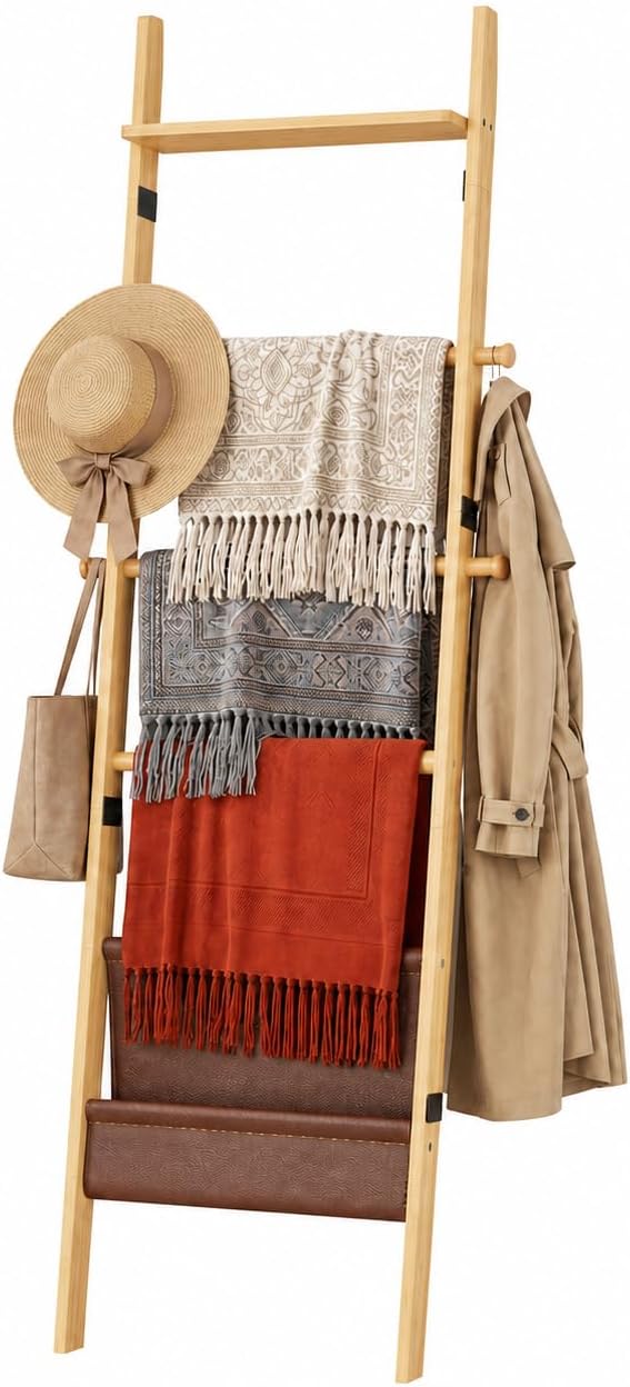 BAMBANG 71" 4-in-1 Blanket Ladder for Living Room, 5-Tier Leaning Bamboo Decorative Towel & Quilt Rack with Magazine Leather Pocket, 4 Detachable Hanging Bars, Space-Saving Shelf for Bedroom (Natural)