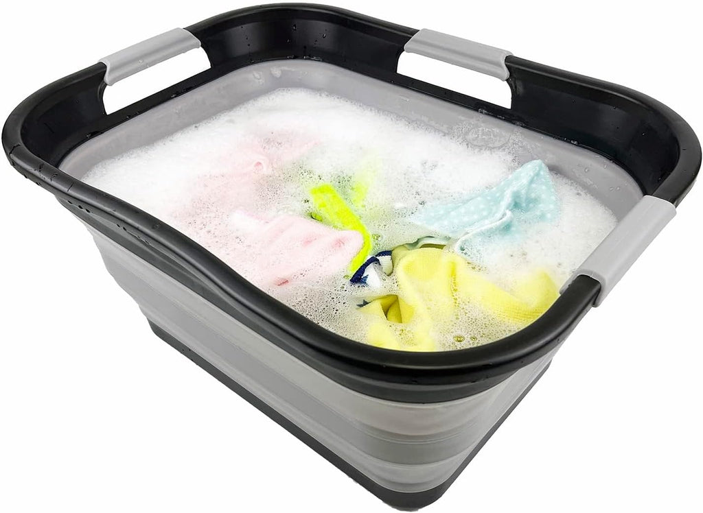New SAMMART 30L(8 gallon) Collapsible Plastic Laundry Basket - Foldable Pop Up Storage Container/Organizer - Space Saving Hamper/Basket - Water Capacity 24L(6.3 gallon) (Black/Alloy Grey)