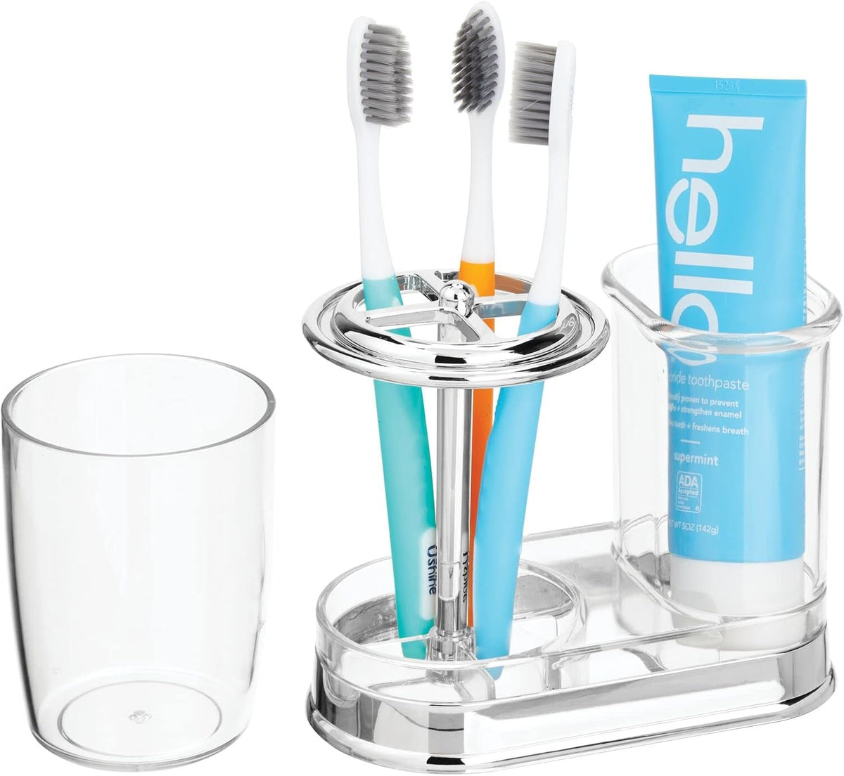 mDesign Plastic Toothpaste and Toothbrush Holder Center with Cup/Cover - Organizer for Bathroom Vanity Countertop - Holds Paste, Floss, Accessories - Hyde Collection - Clear