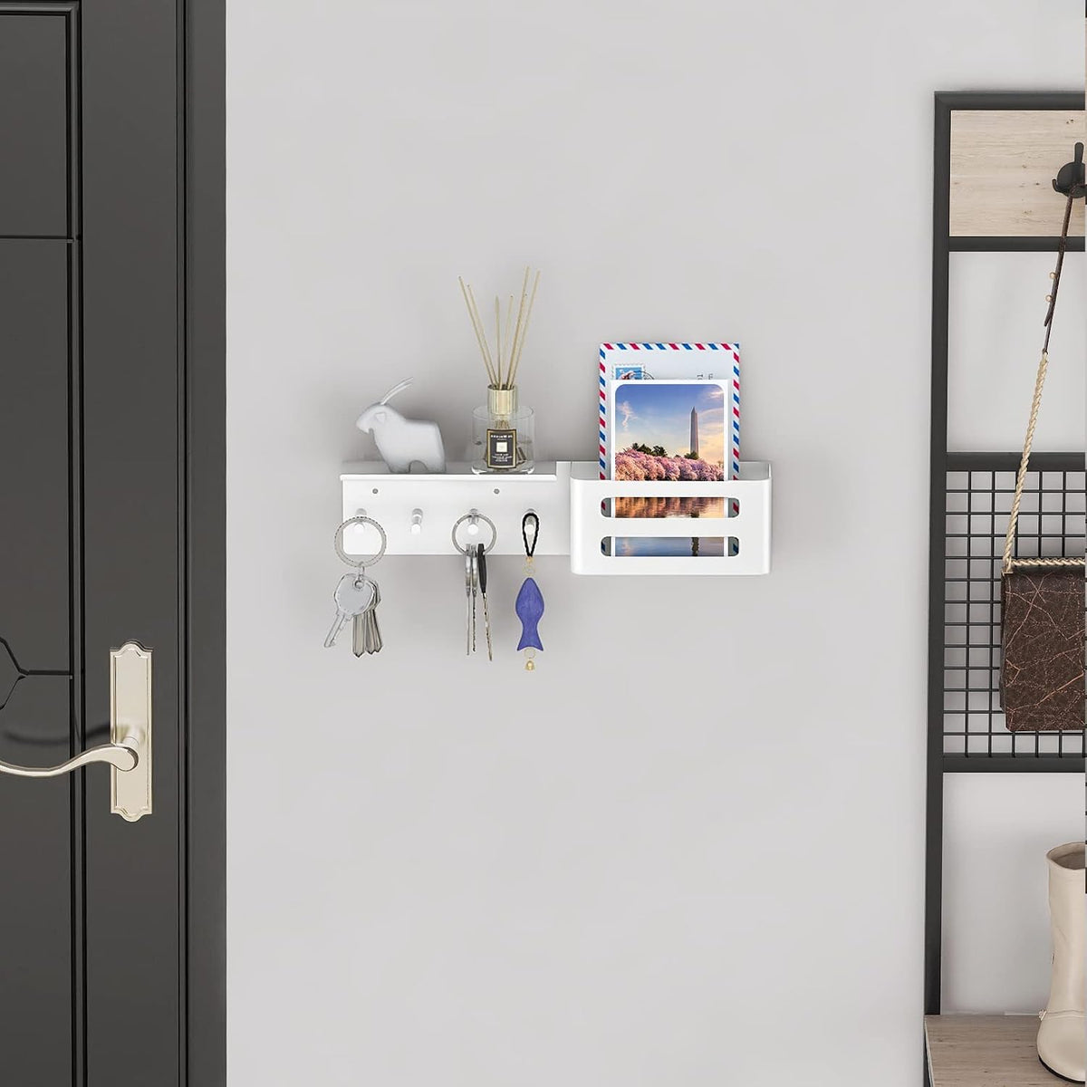 MKO Key Holder Wall Mount, Adhesive Key Hanger with 4 Hooks for Wall, White