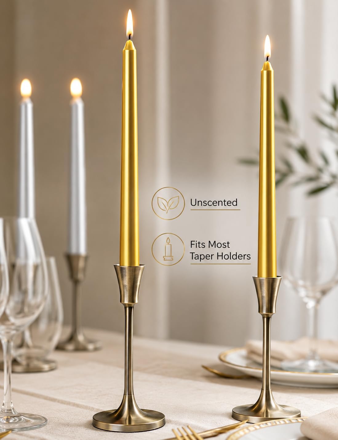 10 Inch Metallic Taper Candles, 6 Gold and 6 Silver Candlesticks