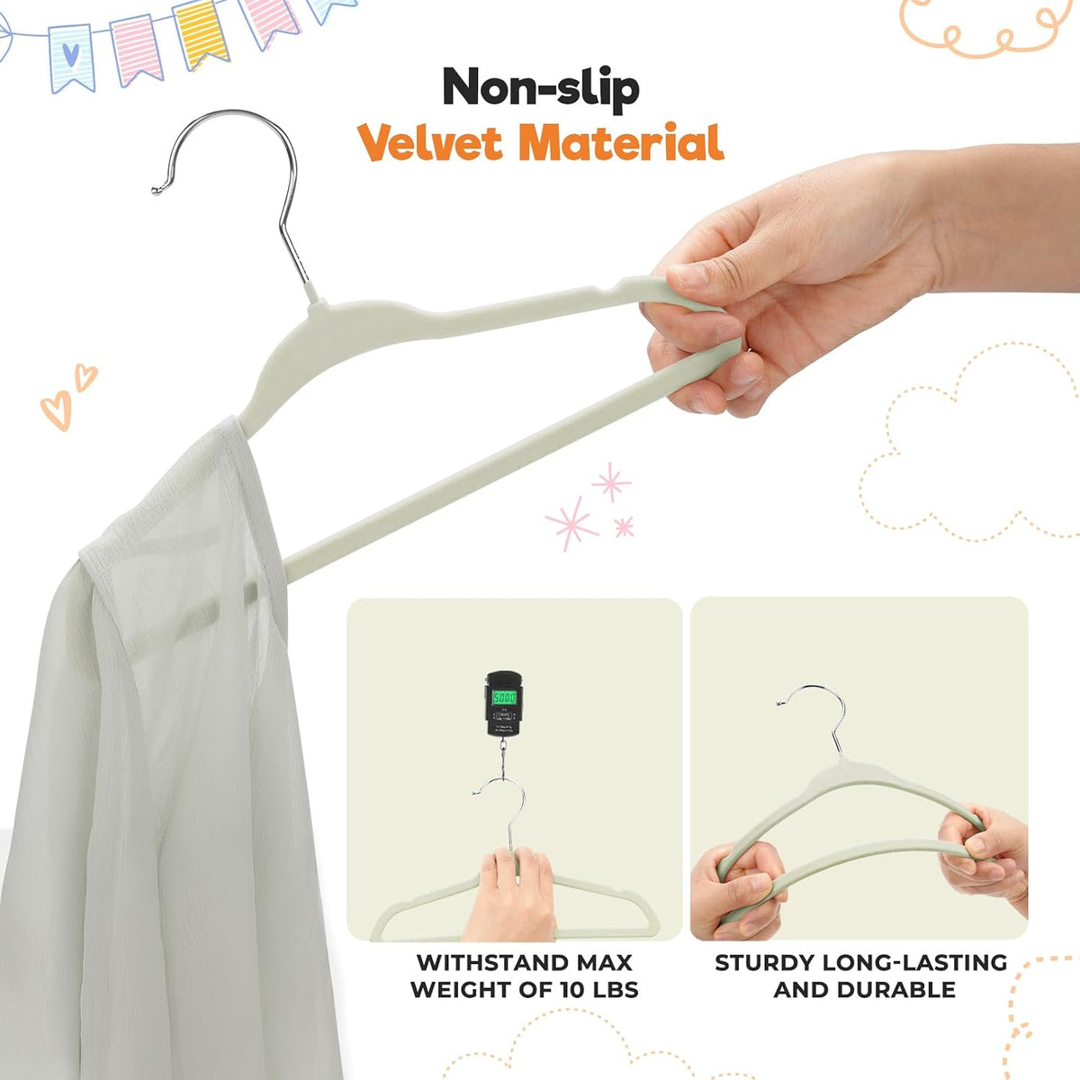 Babyrish Velvet Baby Hangers with 10x Clips and 8X Dividers (30 Pack) | 11” Ultra-Slim Baby Clothes Hangers | Non-Slip Felt | Space-Saving Nursery & Infant Closet Organizer | Beige