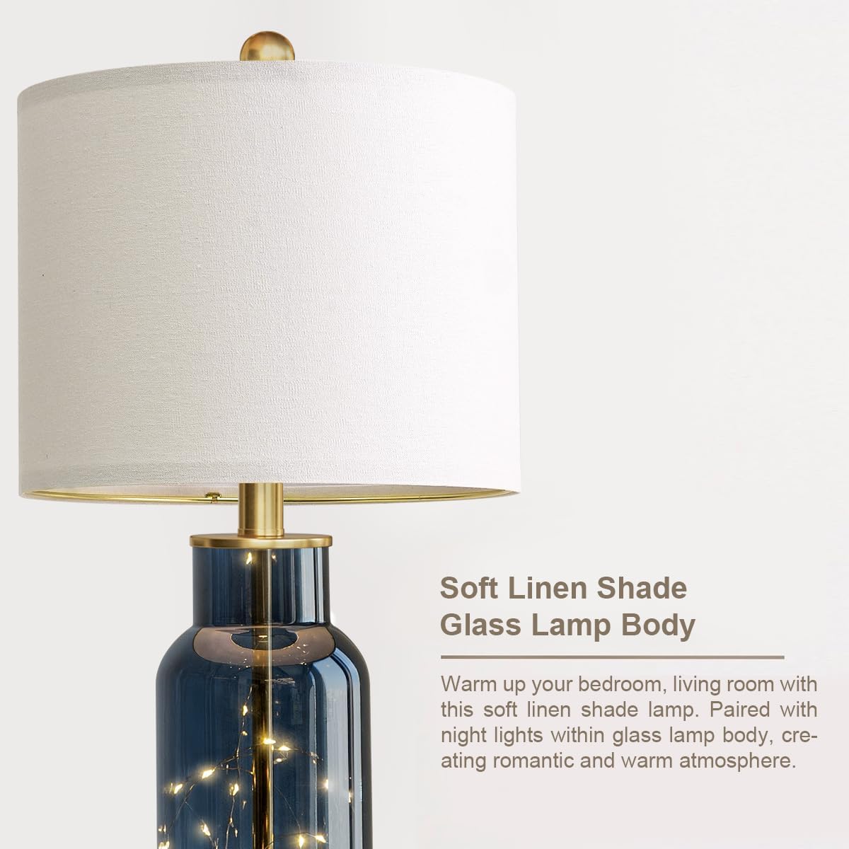 Oneach 22" Glass Table Lamps Set of 2 with LED Nightlight for Bedroom, Blue