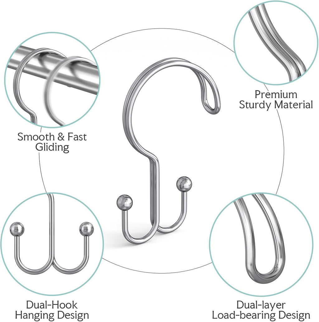 Bathway Shower Curtain Hooks Ring Chrome, 12 Pcs Double Sided Shower Hooks, Rust Proof Metal Shower Hooks for Bathroom, Anti-Drop Shower Rings for Shower Curtain & Liners