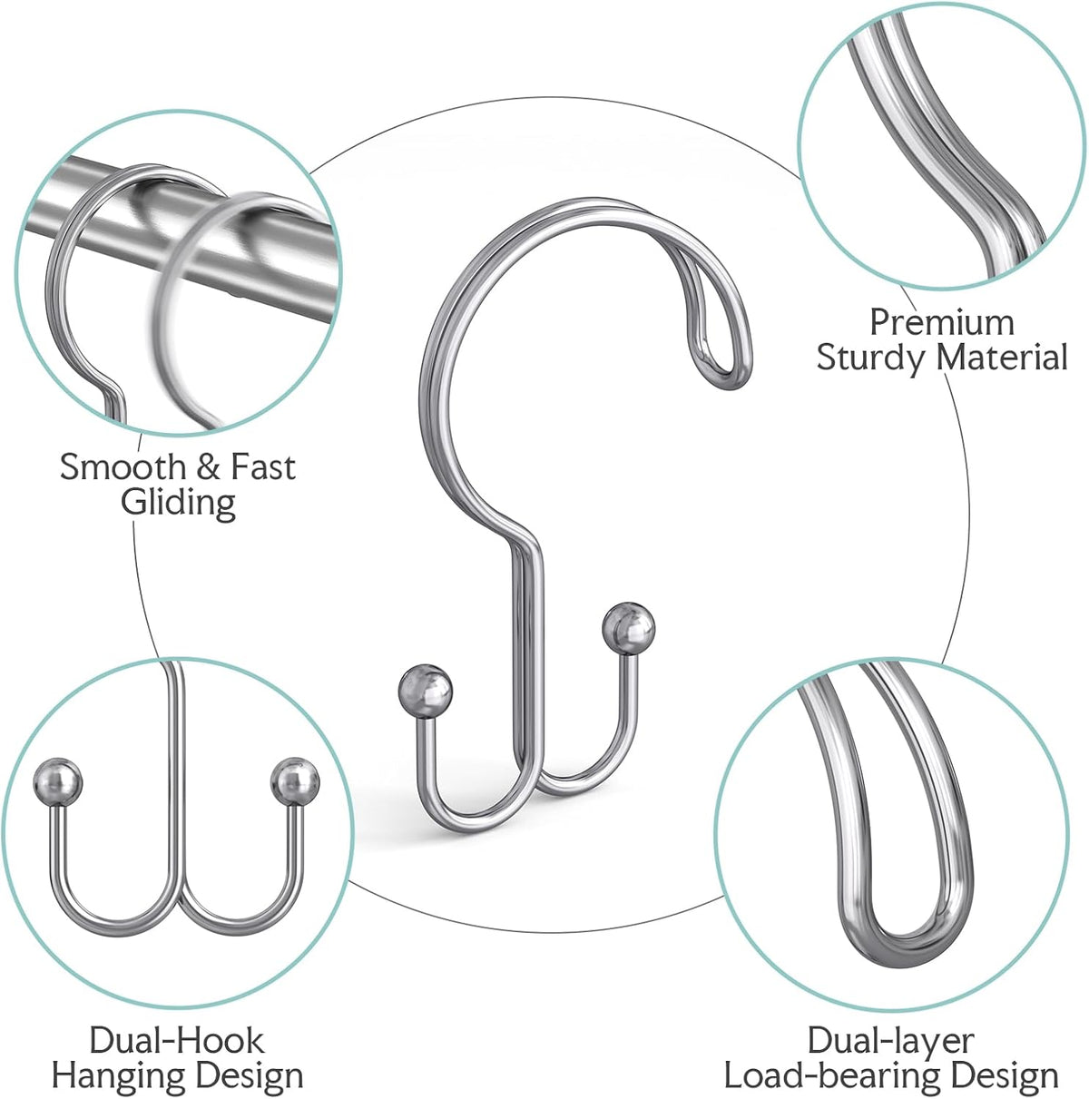Bathway Shower Curtain Hooks Ring Chrome, 12 Pcs Double Sided Shower Hooks, Rust Proof Metal Shower Hooks for Bathroom, Anti-Drop Shower Rings for Shower Curtain & Liners
