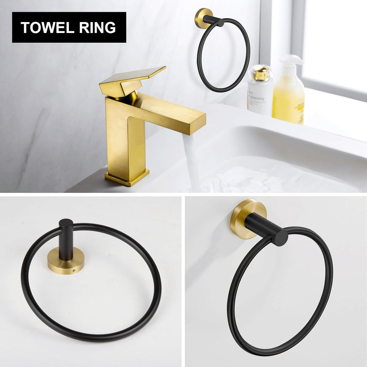 Lava Odoro 5-Piece Bathroom Hardware Set Black and Gold, 23.6 Inch Towel Bar Set Towel Rack Set Stainless Steel Wall Mounted Bathroom Holder Set Bathroom Accessories Set