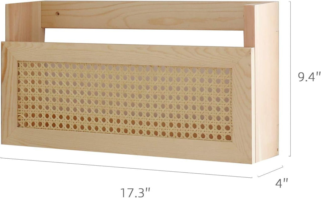 FIRADE Wood Magazine Wall Rack with PE Rattan Grid,Size 17.3" x 4" x 9.4",File Holder For Entryway,Living Room,Waiting Room,Kids’ room,Office