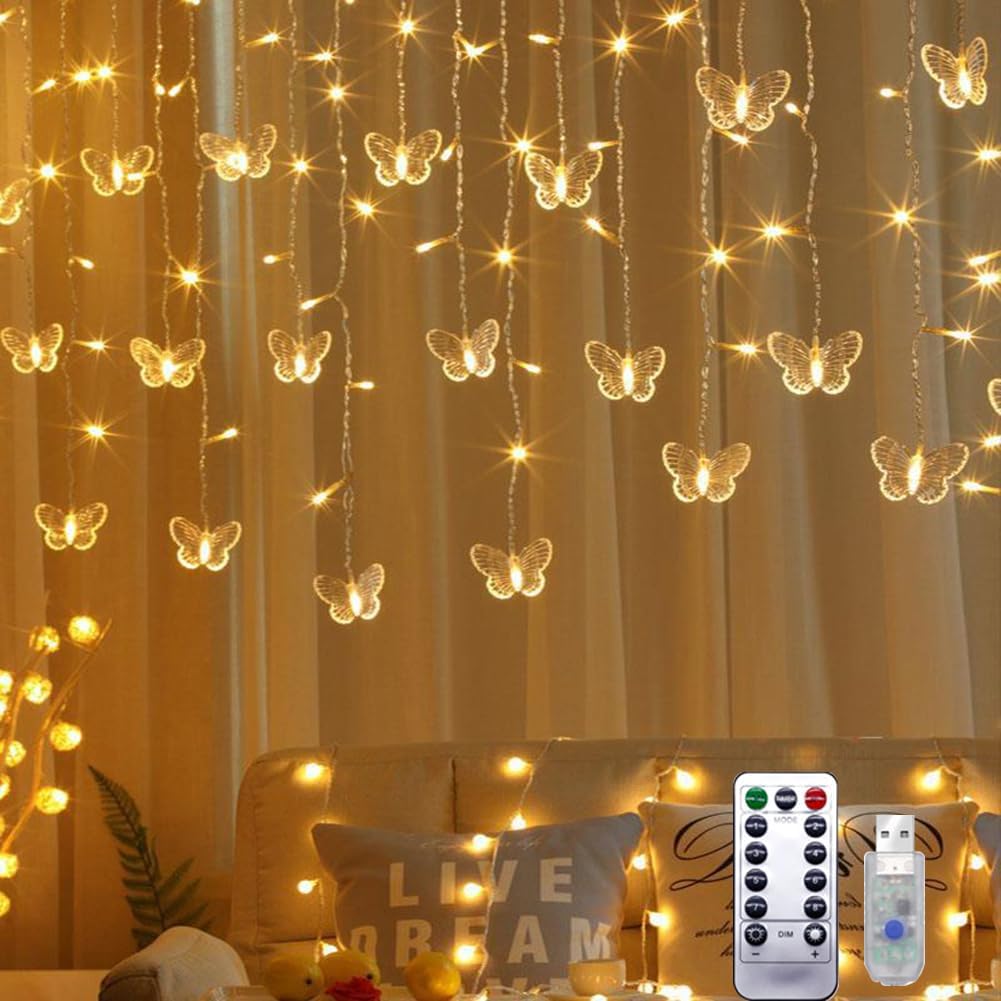 Lainin USB Powered 13FT 96 LED Curtain Lights 18 Butterflies Twinkle Lights 8 Modes Fairy Light Strip for Party Indoor Outdoor Room Garden Wedding Christmas Xmas Decor (Warm White)