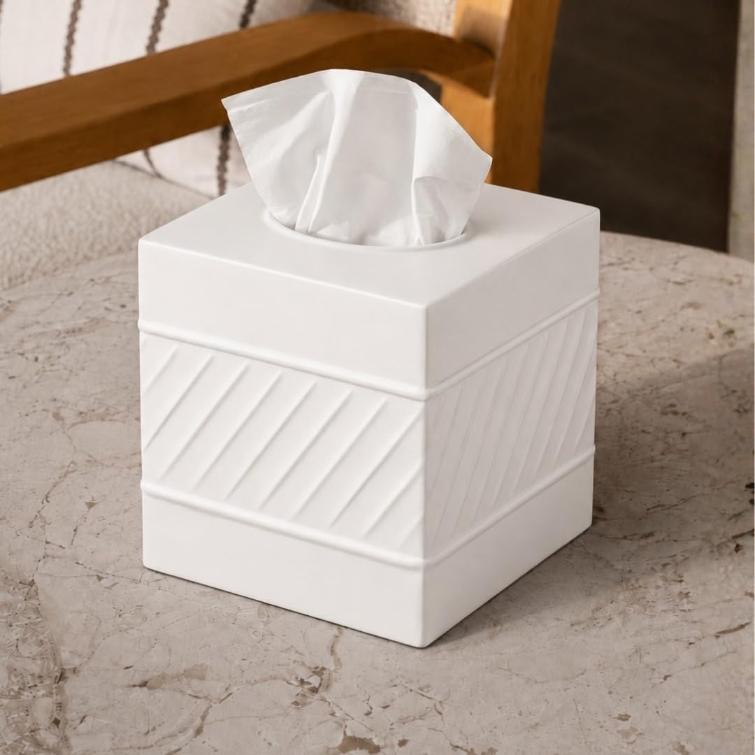 Monarch Abode Tissue Box Cover Square – Handcrafted Wave Embossed White Metal Tissue Holder Box for Bathroom Accessory, Aesthetic Decorative Facial Napkin Cube for Modern Home Decor