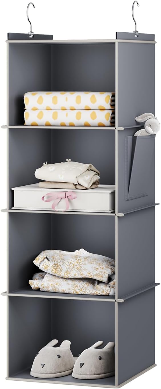YOUDENOVA Hanging Closet Organizer and Storage for Clothes, 4-Shelf, Grey