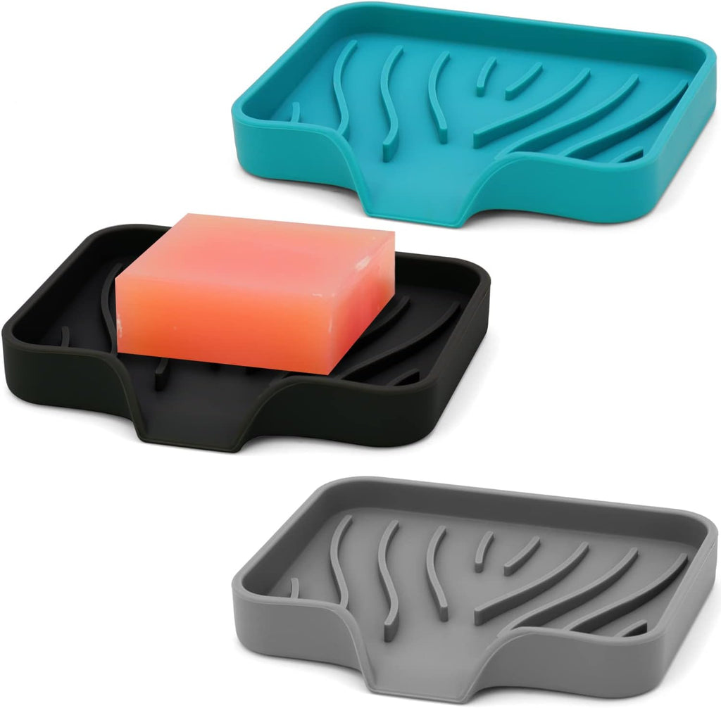 AIMAIAIMAI 3-Pack Silicone Soap Dish Set – Bar Soap Holder with Self-Draining Design, Easy-Clean Tray for Shower, Bathroom, Kitchen, and Tub