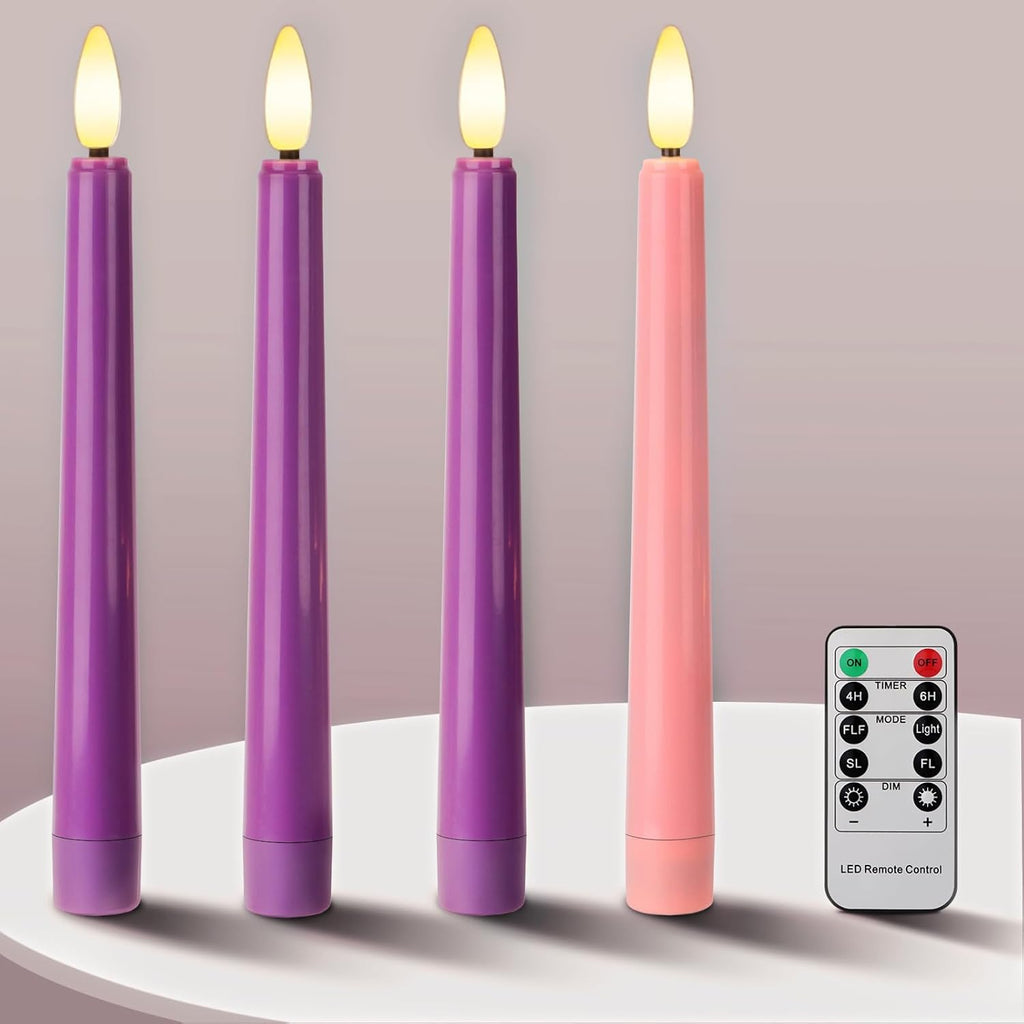 Flameless Advent Candles - Set of 4 Battery Operated LED Advent Candle with Remote Control & Timer- 8-inch Tall Flicker Flame Battery Operated Taper Candles for Christmas Holiday