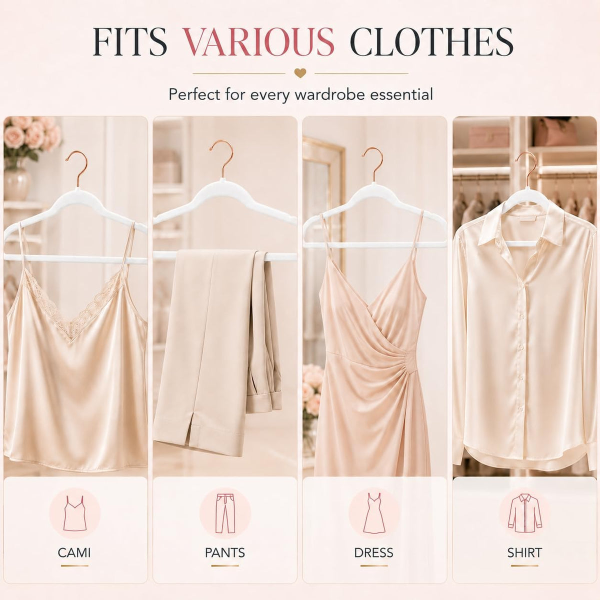 Smartor White Velvet Hangers 50 Pack, Non Slip Rose Gold Hook Felt Hangers