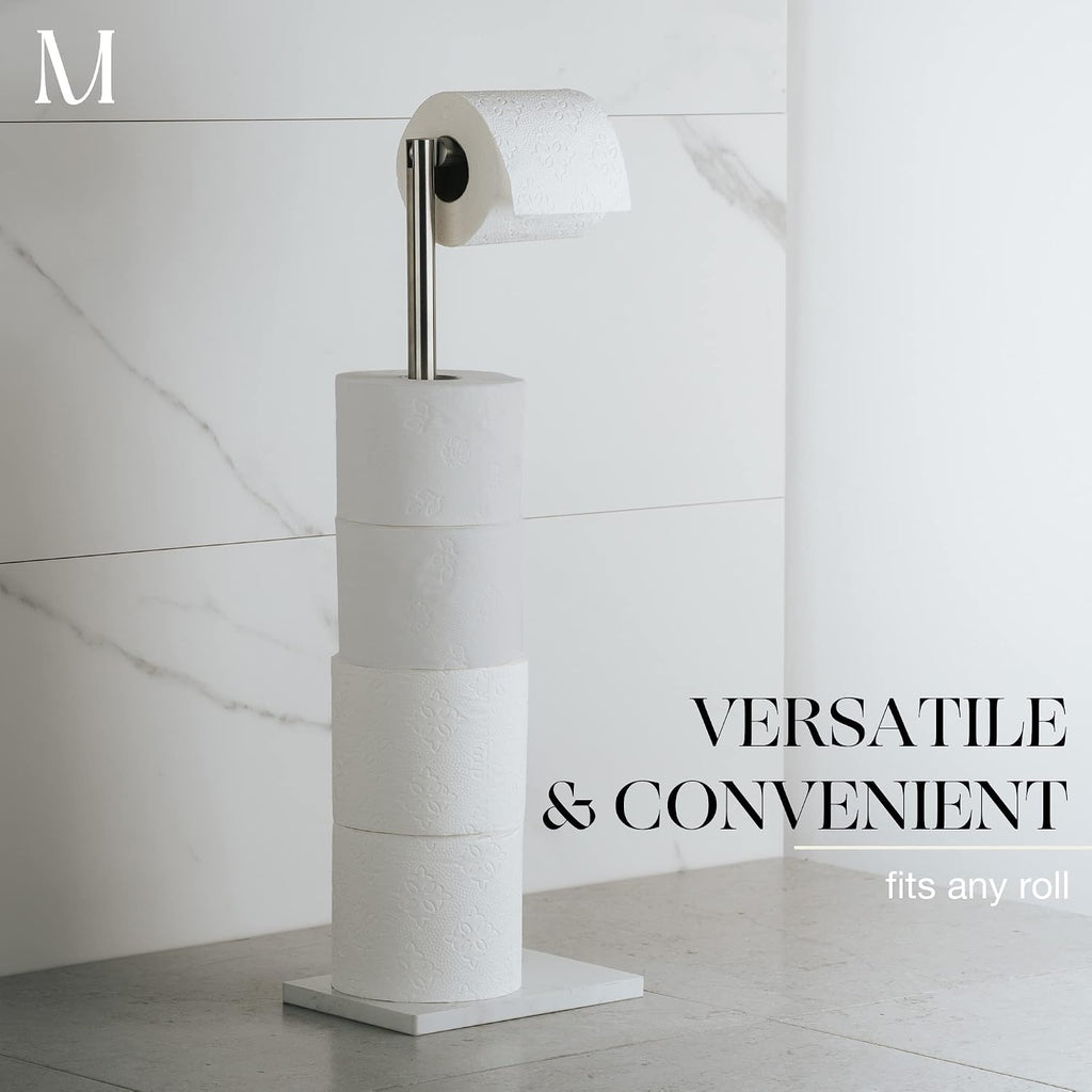 MARMOLUX ACC Toilet Paper Holder Stand, White Marble Base, Brushed Steel