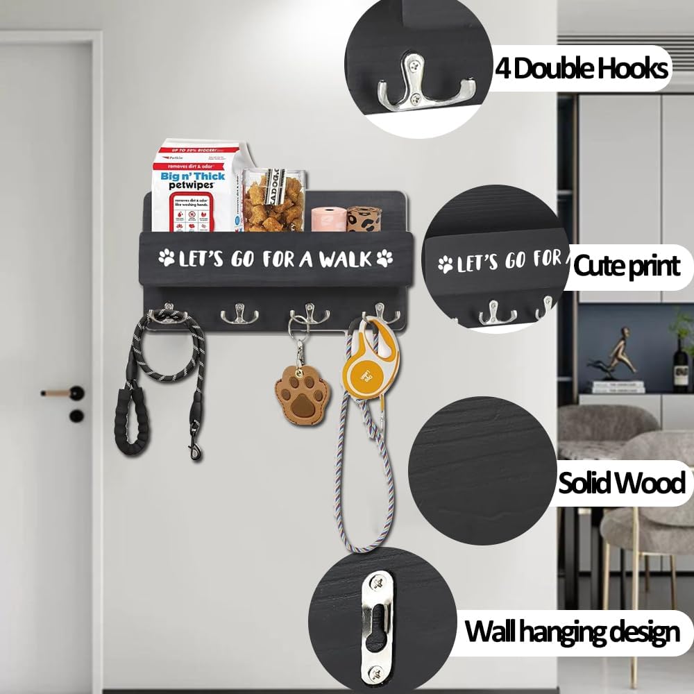 Wood Dog Leash Holder for Wall, with 4 Double Key Hooks