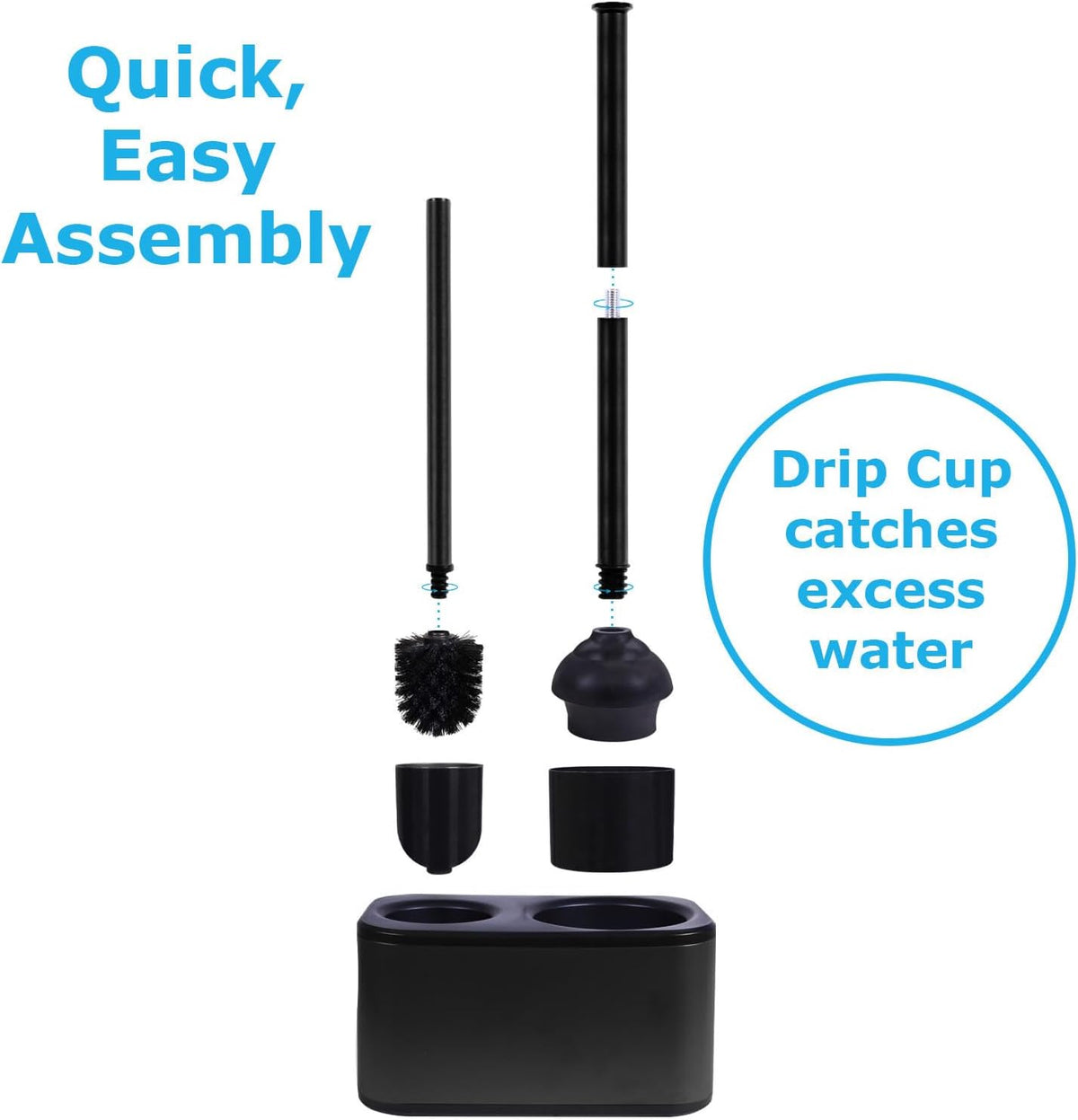 Blue Donuts Toilet Brush and Plunger Set with Holder, Sleek Minimalist Modern Black Bathroom Accessories Toilet Plunger and Toilet Bowl Brush Combo