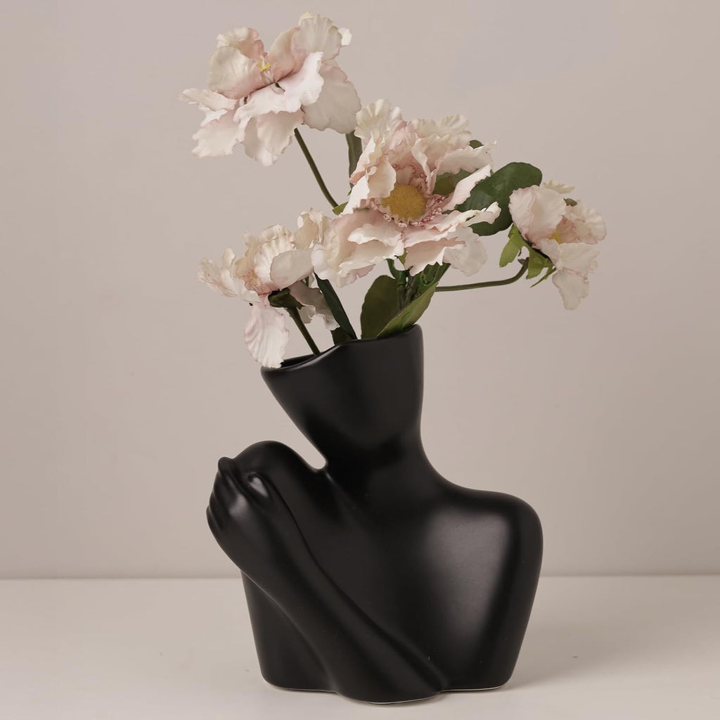 Ceramic Body Vase, Female Form Half Body Vase, Modern Minimalist Boho，Decorative Vase for Living Room, Bedroom, Shelf, Dining Table, Bathroom & Office, (Black Shoulder-Grazing Style)