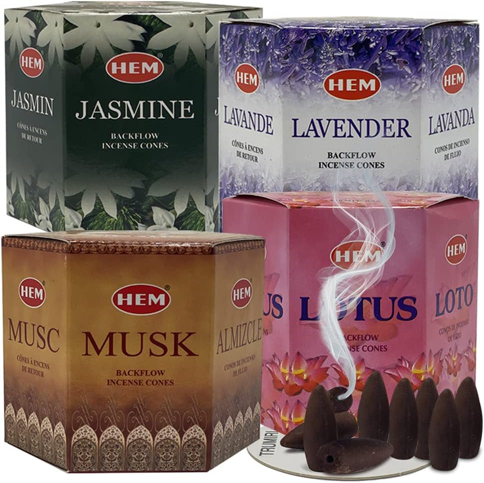 TRUMIRI Incense Cones, 4 Sets of 40 Cones Each, Variety Pack (Jasmine, Lavender, Lotus, Musk) for Waterfall and Mat Bundle