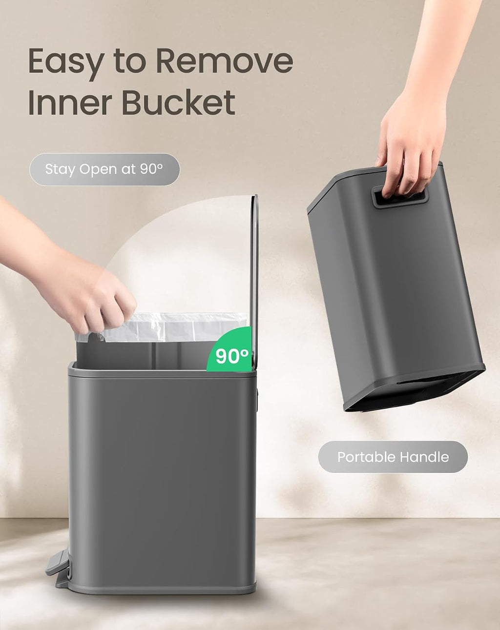 Cesun Small Bathroom Trash Can with Lid Soft Close & Pedal, 1.3 Gal, Gray