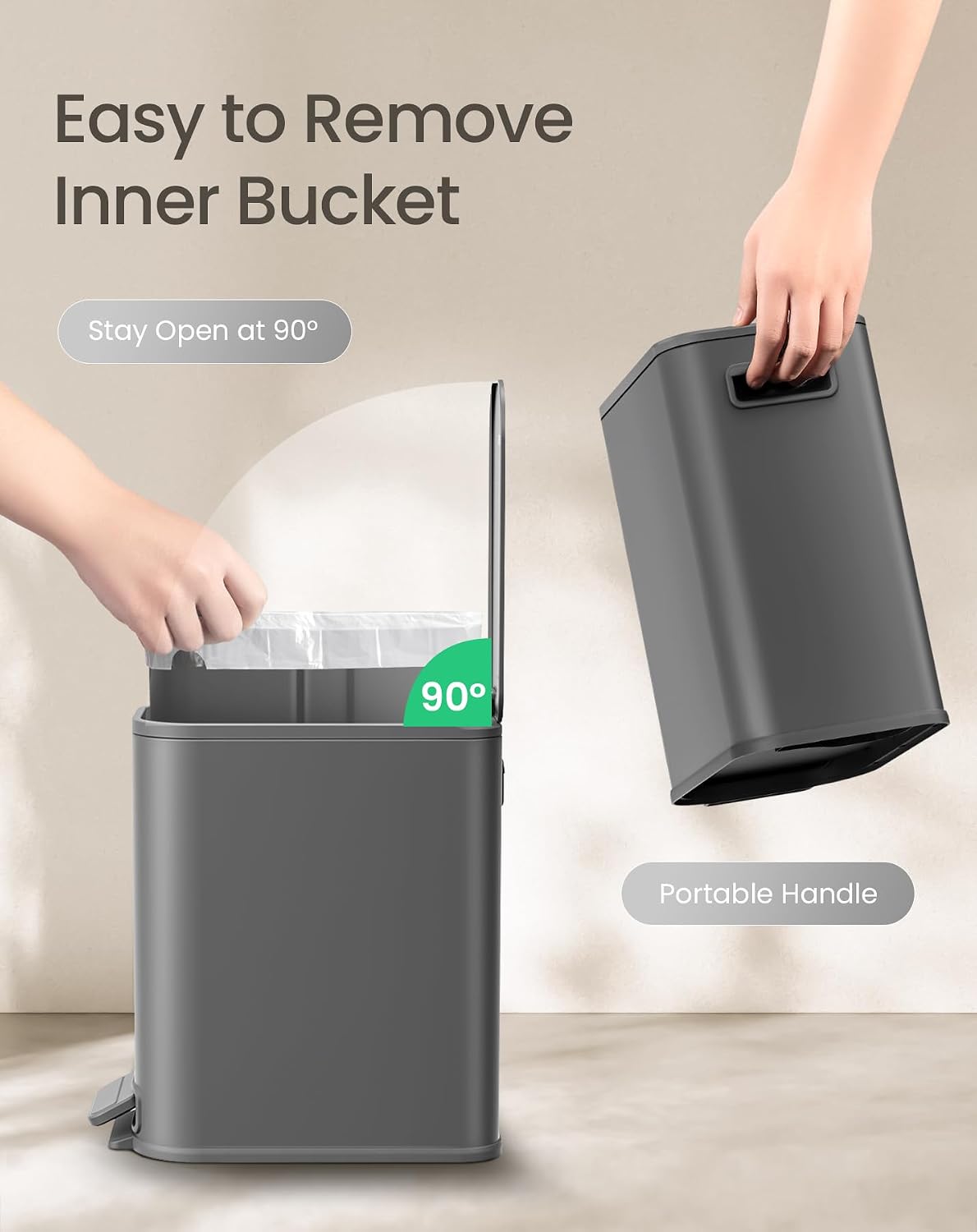 Cesun Small Bathroom Trash Can with Lid Soft Close & Pedal, 1.3 Gal, Gray