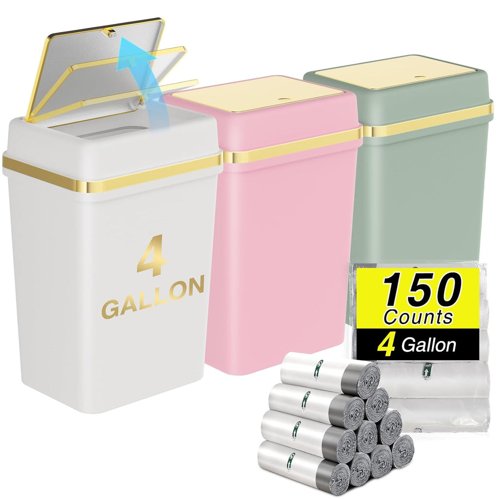 3 Pack Bathroom Trash Can with Lid 4 Gallon Small Trash Can with Press Top Lid Bathroom Garbage Can with 150 Counts Trash Bags for Kitchen Bedroom Office(White Pink Green)
