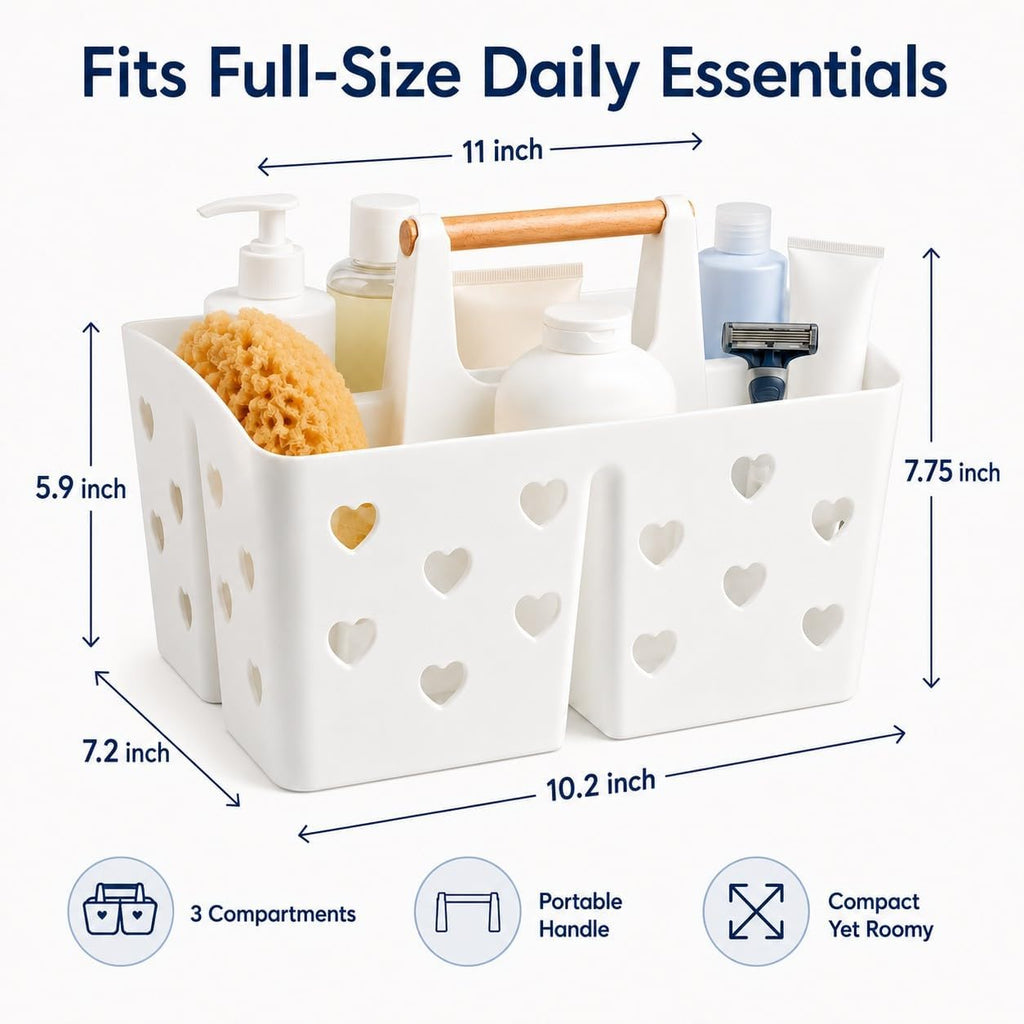 White Portable Shower Caddy, Plastic Basket Organizer with Wooden Handle