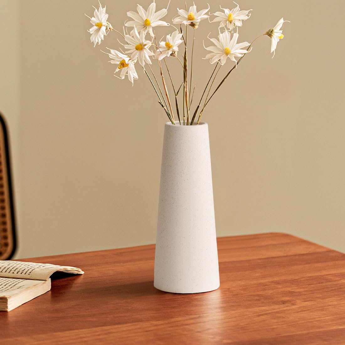 White Ceramic Vase, 8.5 Inch Flowers Vase for Pampas Grass, Rustic Table Vase for Centerpieces, Simple Modern Vase for Home Office Decor - Creamy White (Pack of 3)