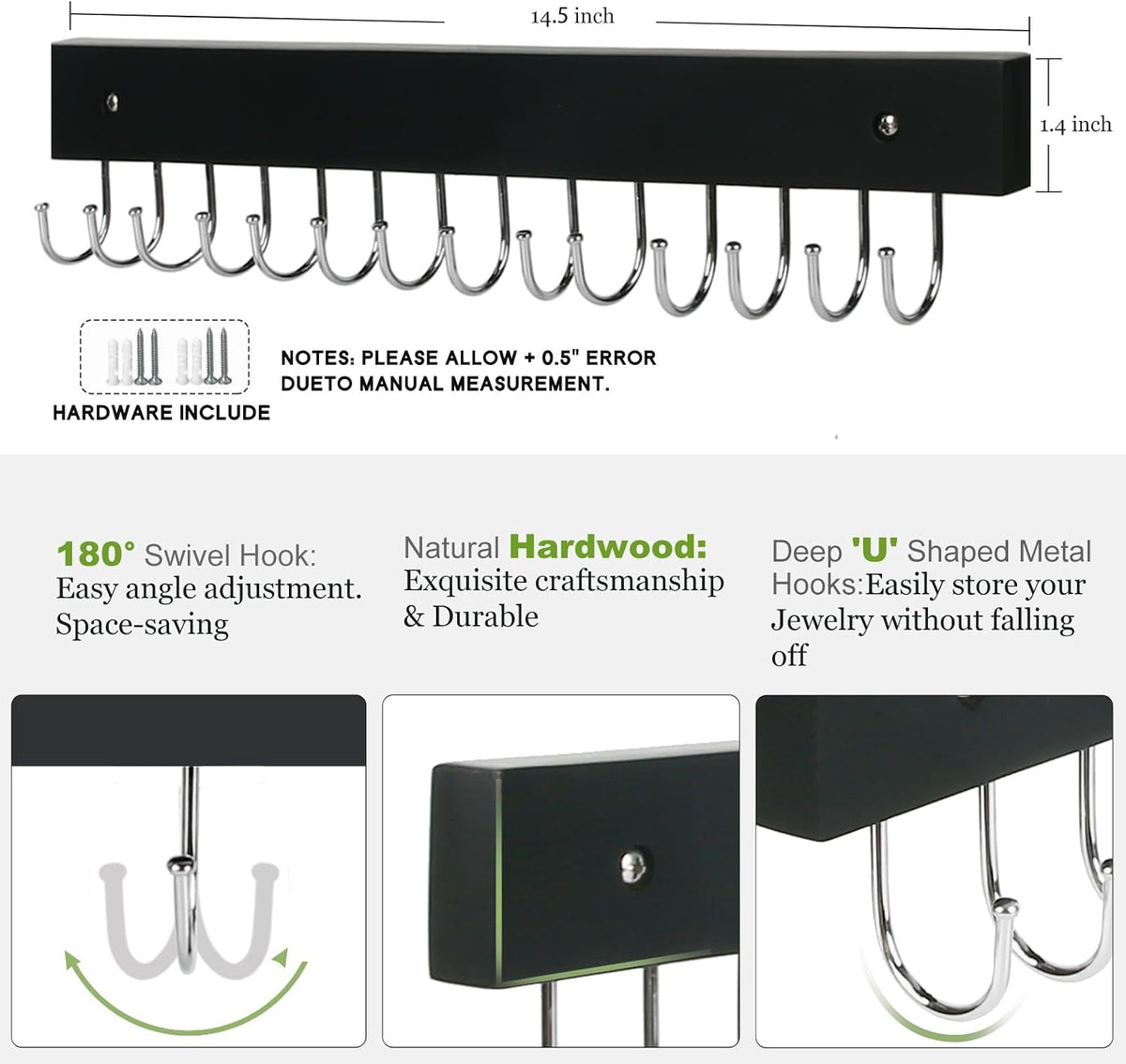 2-Pack Necklace Holder Wall-Mounted Wooden Jewelry Organizer with 28 Hooks