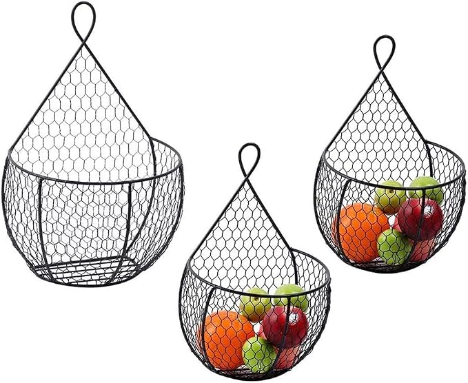 ERYTLLY Metal Fruit And Vegetable Storage Hanging Basket Wall Mounted, Hanging Basket For Kitchen Black Wire Baskets for Flowers, Fruits and Veggies - Set of 3