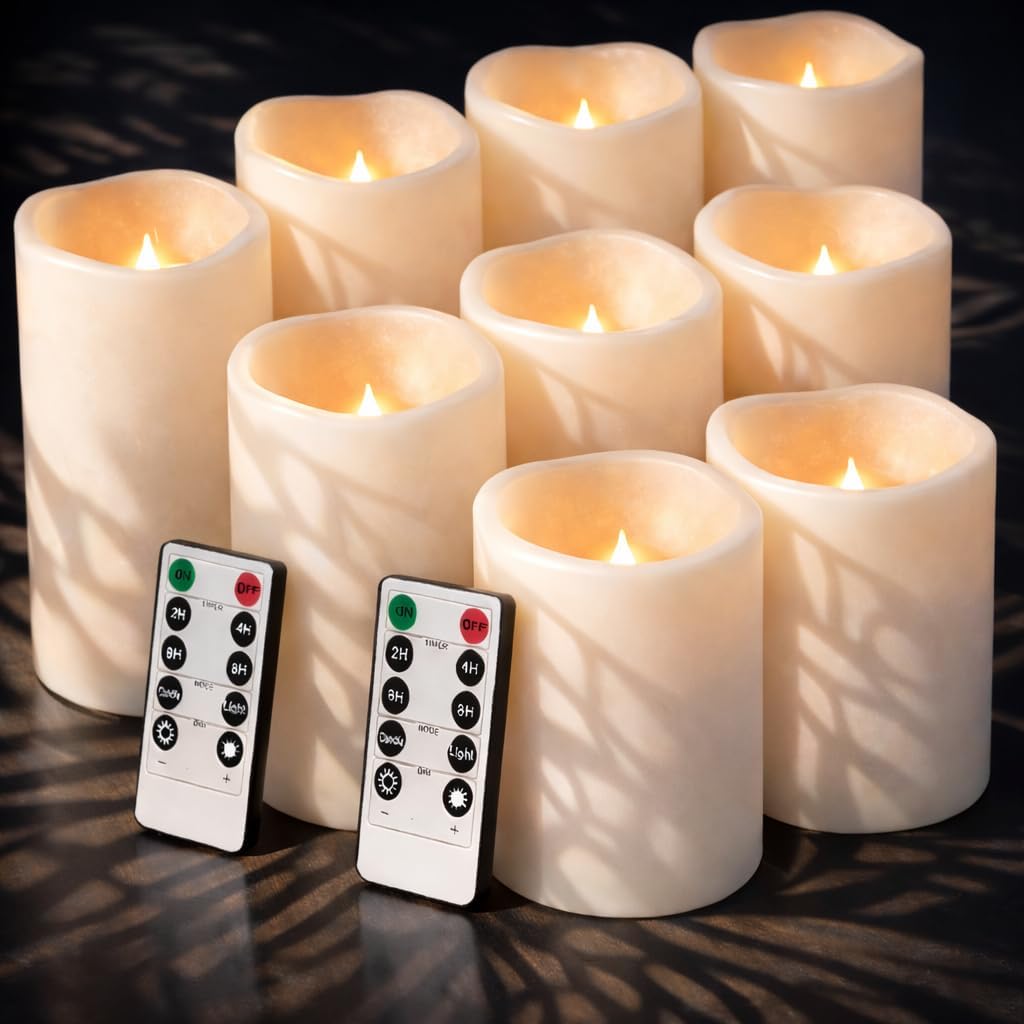Enido 9pcs Flameless Flicking LED Candles with Remote, Battery Operated Outdoor Waterproof Candles, Electric Candle for Dining Tables and Halloween Decoration