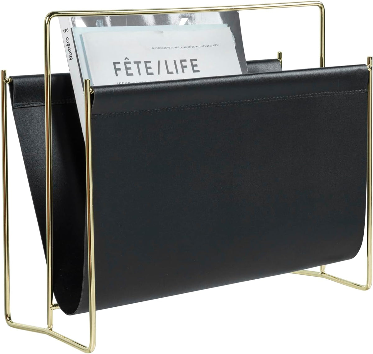 MyGift 15 Inch Black Leatherette Magazine Holder, Brass Metal Floor Rack