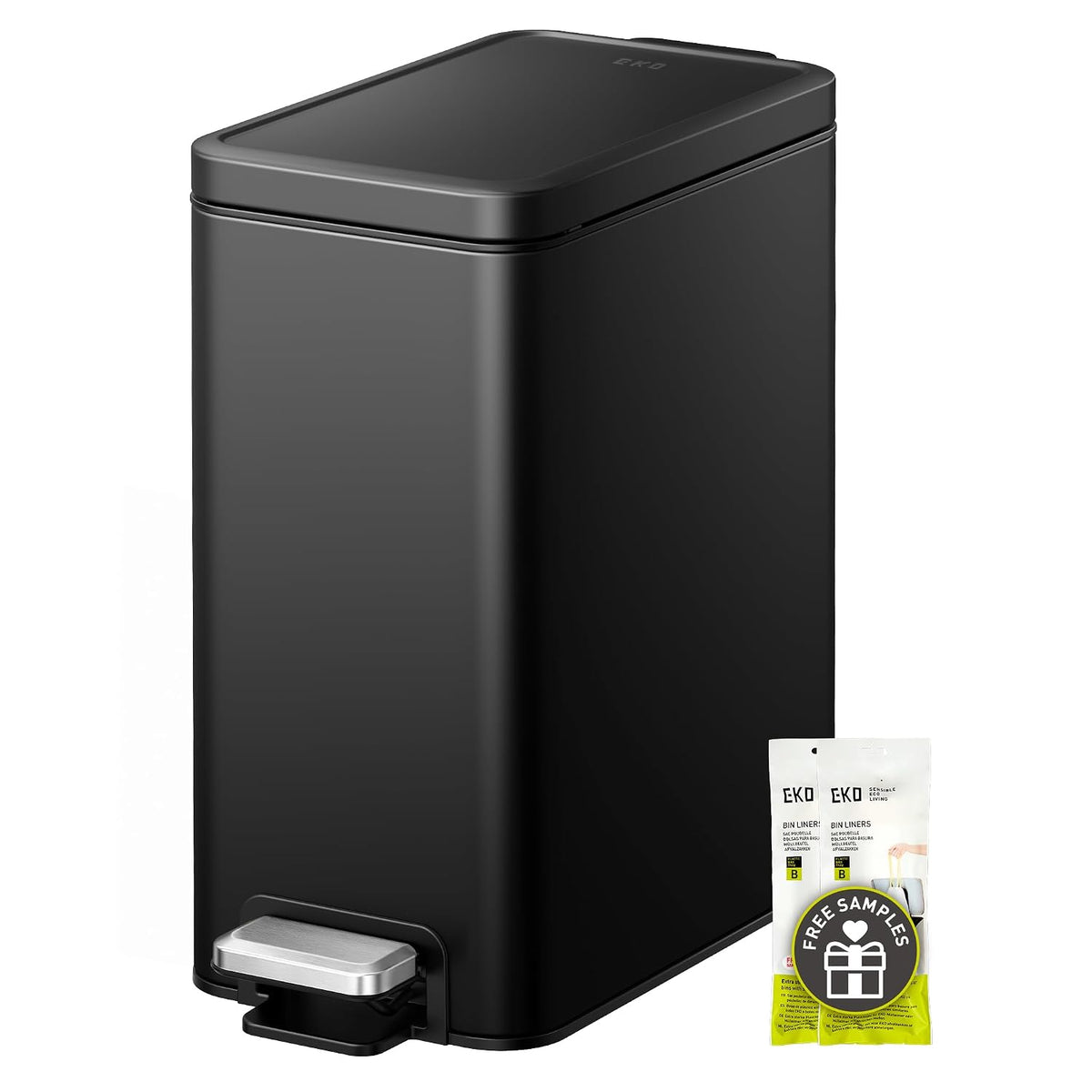 EKO Small Bathroom Trash Can with Lid Soft Close, Step Pedal, 10 Liter / 2.6 Gallon Stainless Steel Garbage Can with Removable Inner Bucket, Anti-Fingerprint Finish (Matte Black)