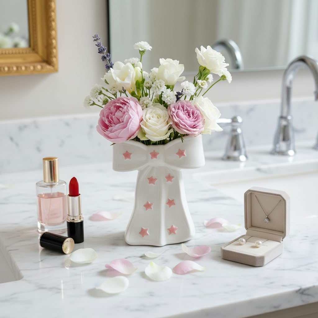 White Bow Vase, White and Pink Flower Vase for Home Decor