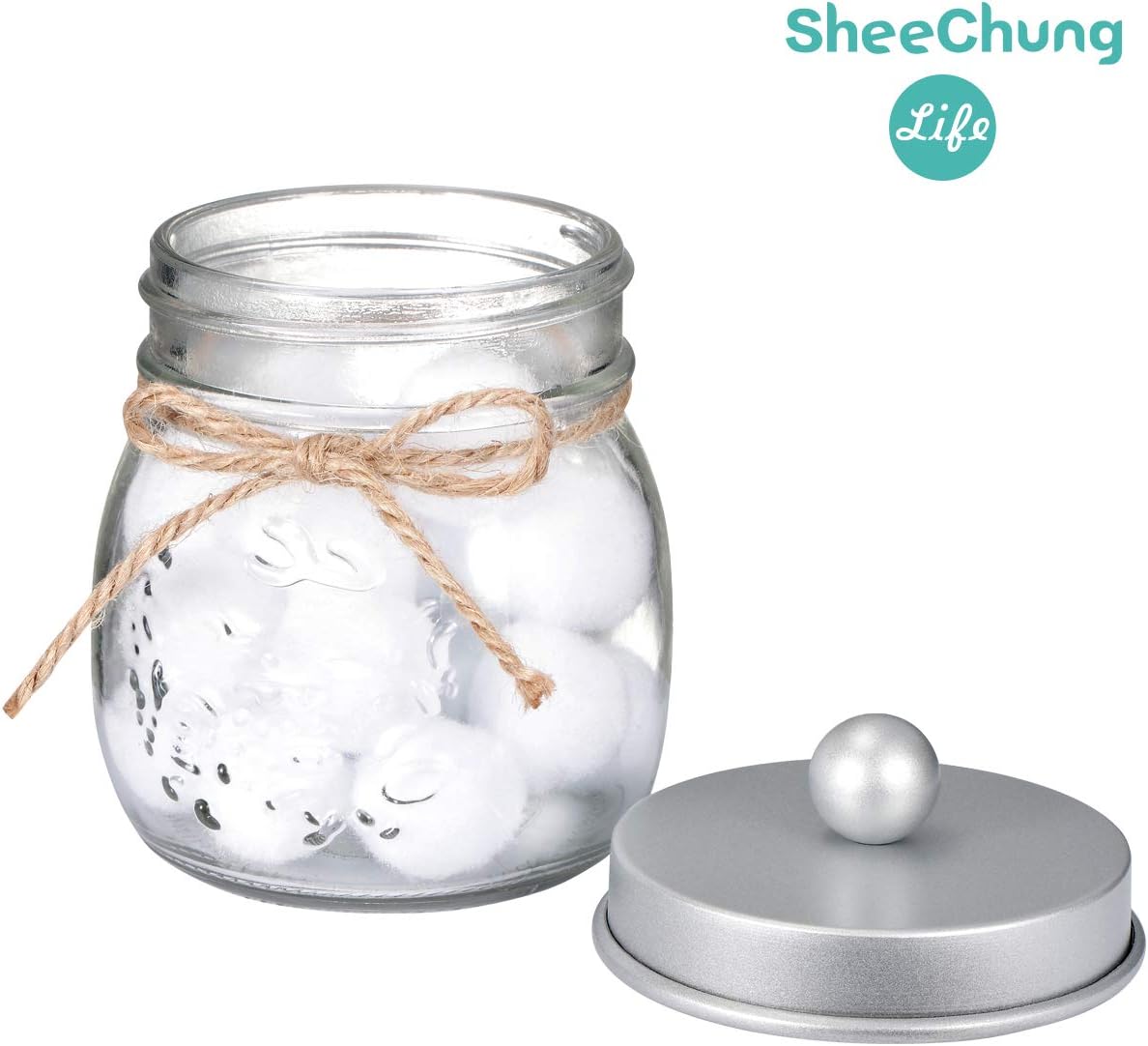 SheeChung 2 Pack Glass Mason Jar Qtip Holder Dispenser,Frosted Silver Lids