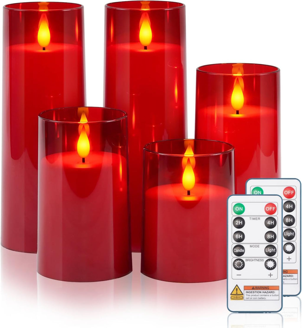 Raycare Battery Operated Flameless Pillar Candles with Remote Timer, Red