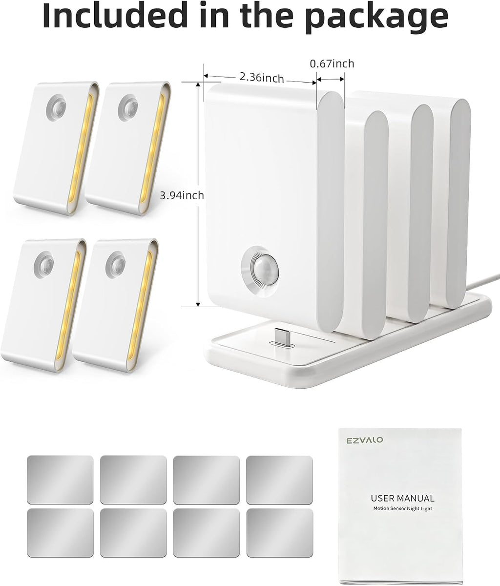 EZVALO Motion Sensor Night Lights, Rechargeable 1500mAh LED Stair Lights with Magnetic & Dimmable, Auto On/Off 3000K Soft White, Stick-On for Stairs, Hallway, Bathroom (8 Pack with Charging Station)