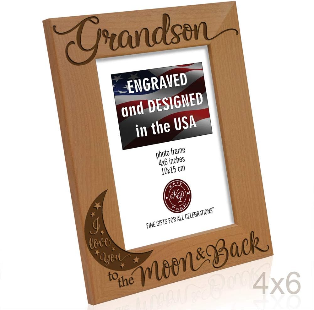 KATE POSH Grandson I Love You to the Moon and Back Engraved Wood Picture Frame, Grandma Grandpa Gifts, Christmas, Birthday, Mother's Day, Father's Day (4x6 Vertical)