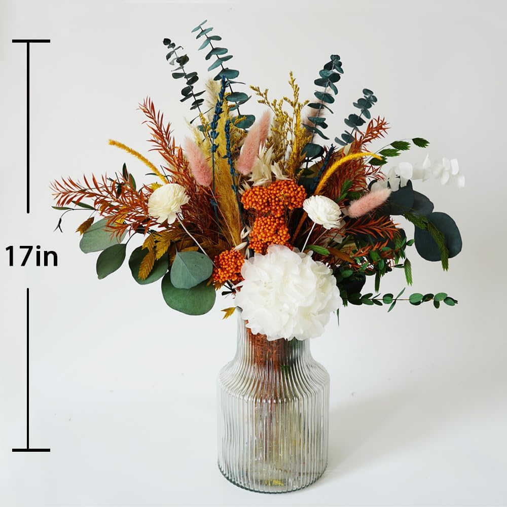 Natural Dried Pampas Grass Dried Bouquet with Orange Millet Flower & White Hydrangea , Fall Flower Arrangement with Green Eucalyptus Leaves,Bohemian DIY Dried Flowers for Wedding, Home& Office Decor