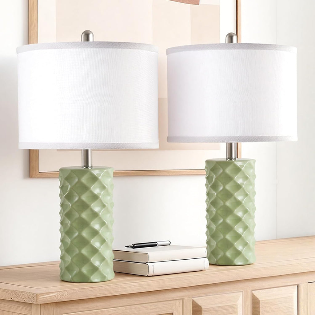 Star Diamond Ceramic Table Lamps Set of 2 - Sage Green Nightstand Lamps 23"