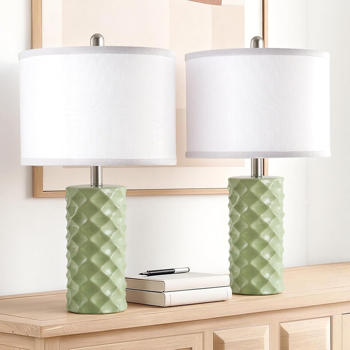 Star Diamond Ceramic Table Lamps Set of 2 - Sage Green Nightstand Lamps 23"