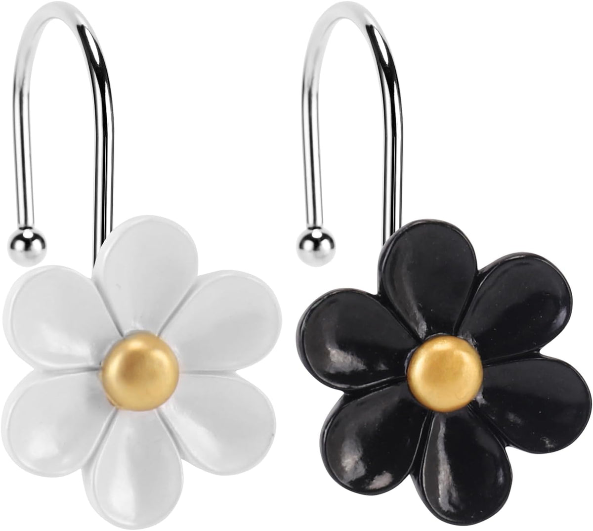3D Floral Shower Curtain Hooks, 12 Pcs Rust Proof Resin Metal Hooks Shower Curtain Rod Rings, Ideal for Bathroom, Bedroom, Living Room Fun Home Decor (Black and White)